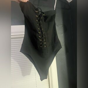 Lulus Strapless Tie Up Black Bodysuit in size Medium NWT